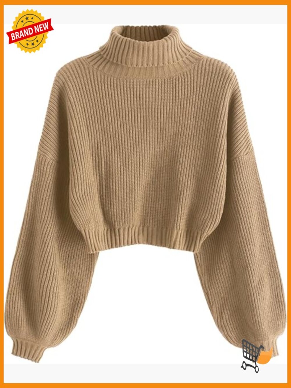 Cropped Turtleneck Sweater Lantern Sleeve Ribbed Knit Pullover